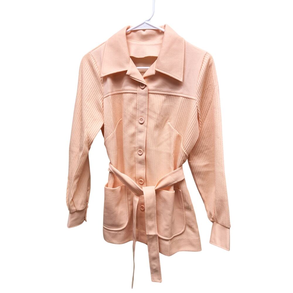 Vintage Dutchmaid 70s Peach Ribbed Polyester Leisure Jacket Size 34